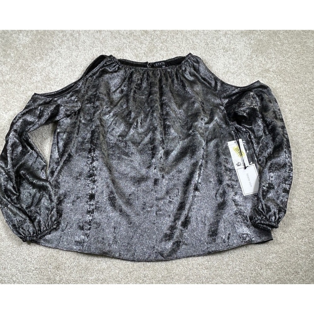 1. State L Gray Silver Dust Metallic Cold Shoulder Key Hole Long Sleeve Blouse